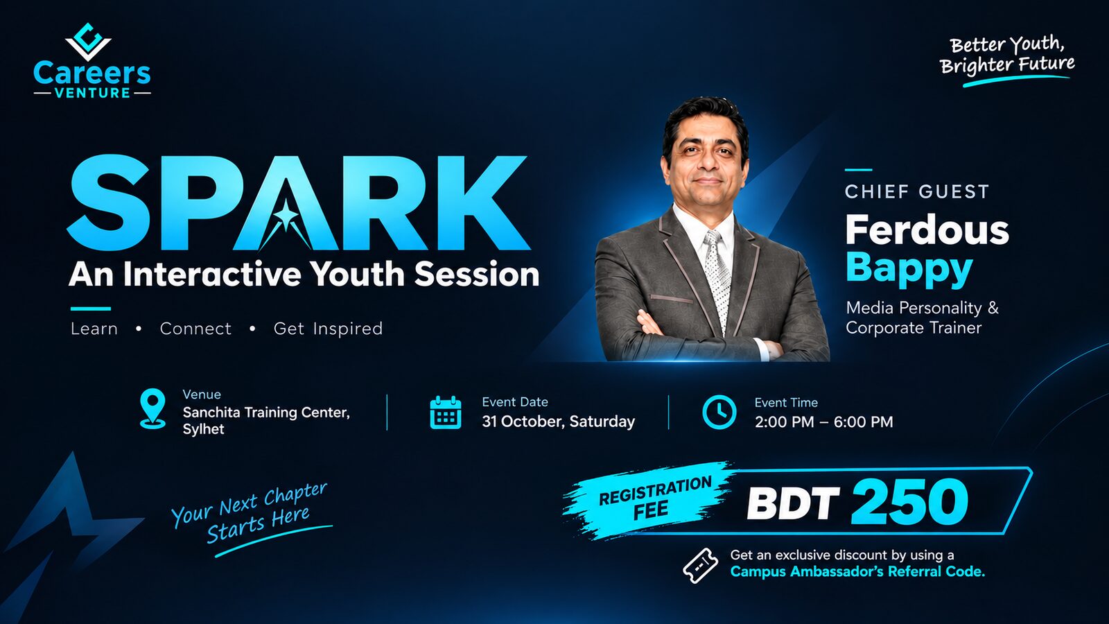 SPARK event poster: An Interactive Youth Session by Careers Venture. Learn, Connect, Get Inspired. Chief Guest Ferdous Bappy, Media Personality and Corporate Trainer. Sanchita Training Center, Sylhet, Saturday 31 October, 2:00 to 6:00 PM. Registration fee BDT 250, with a discount for a Campus Ambassador's referral code.